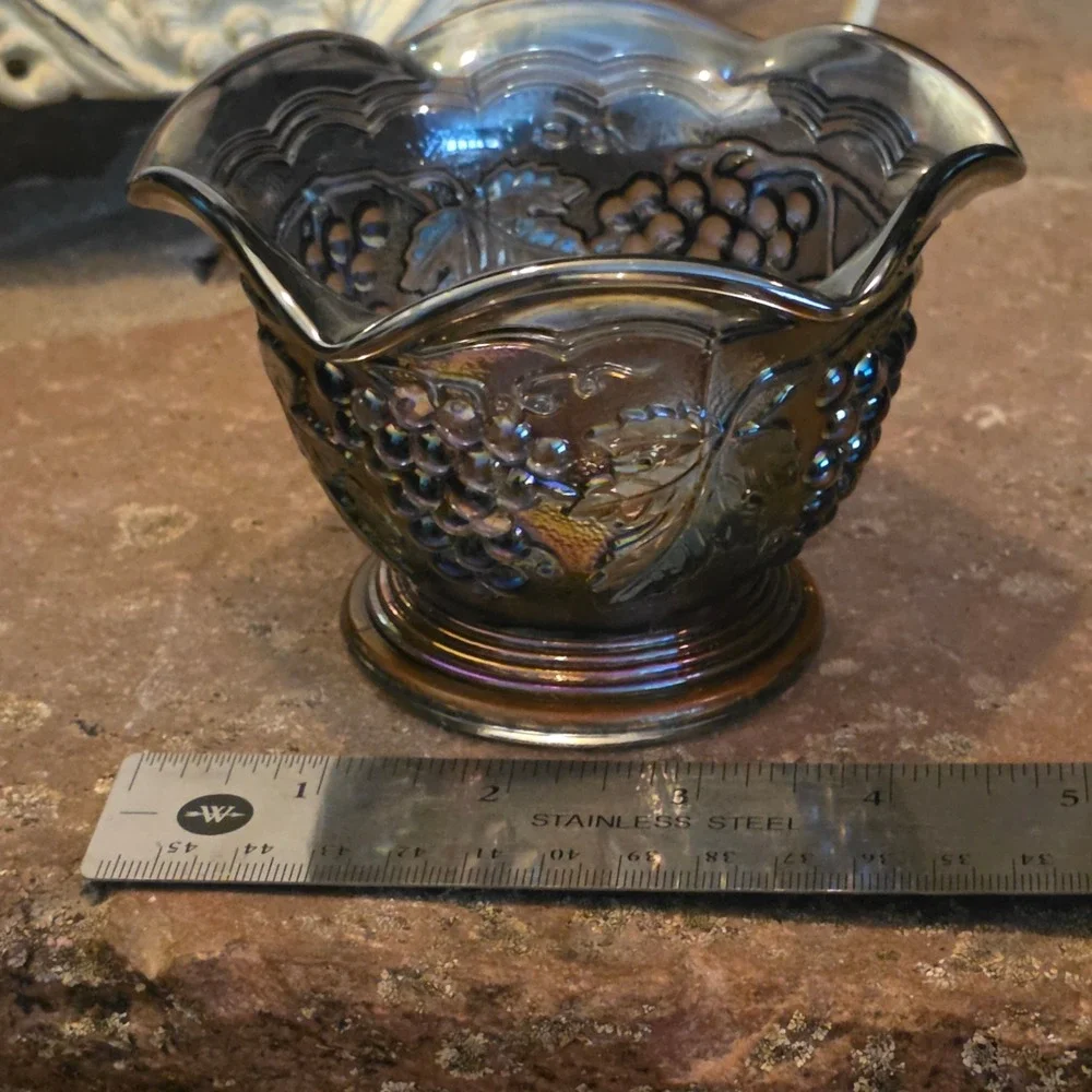 Imperial Carnival Glass Amethyst Grape and Cable Ruffled pedestal stippled bowl